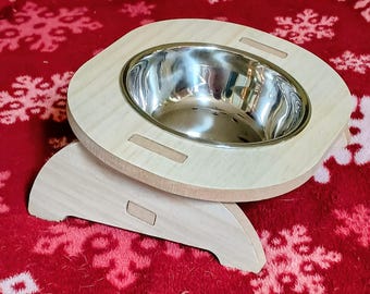 Elevated Wooden Pet Feeder –1- Tilted Stainless Steel Bowls, Neck Protection Design