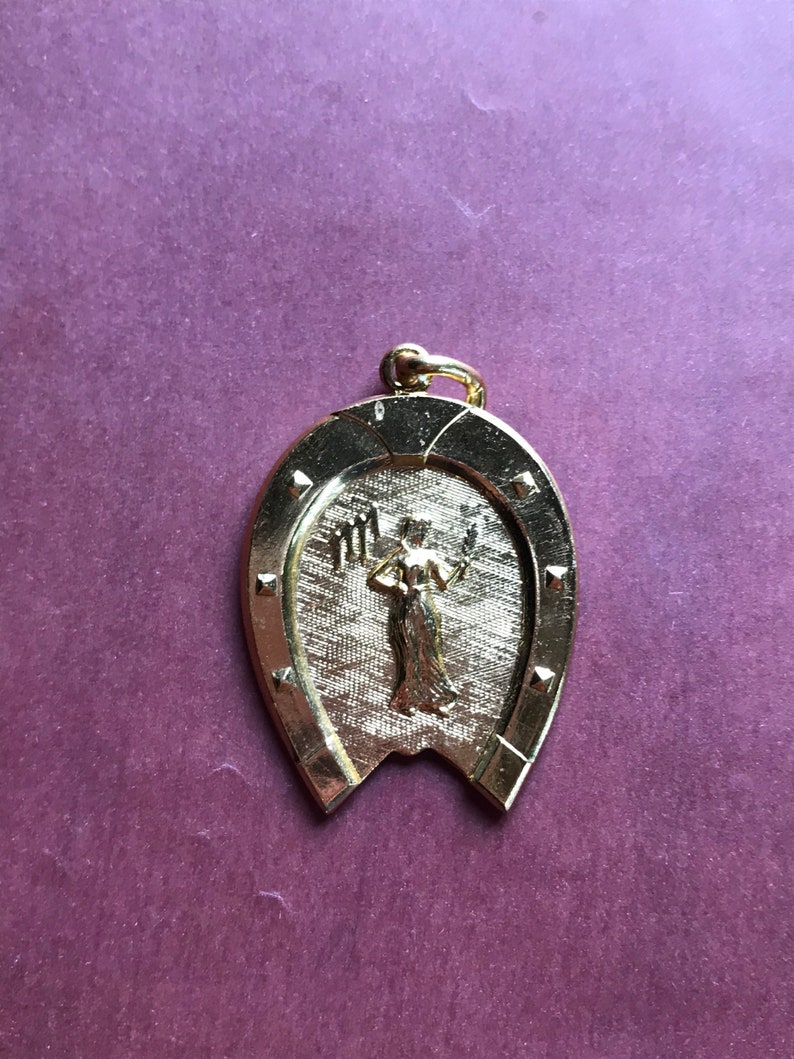 Vintage French equestrian horseshoe astrological sign virgo good luck golden medal Antique Souvenir France pendant