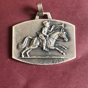 Equestrian Silver medal with horse French - Vintage souvenir pendant musician on horseback- antique jewelry