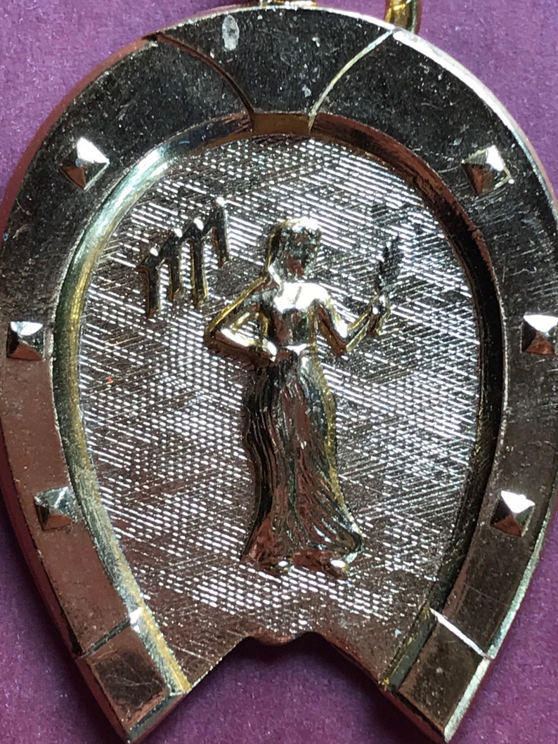 Vintage French equestrian horseshoe astrological sign virgo good luck golden medal Antique Souvenir France pendant