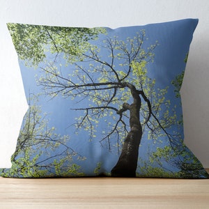 Blue and Green Spring Tree Pillow Covers, Bright Chartreuse Woodland Pillows, Double Sided Nature Pillows for your Woodsy Decor