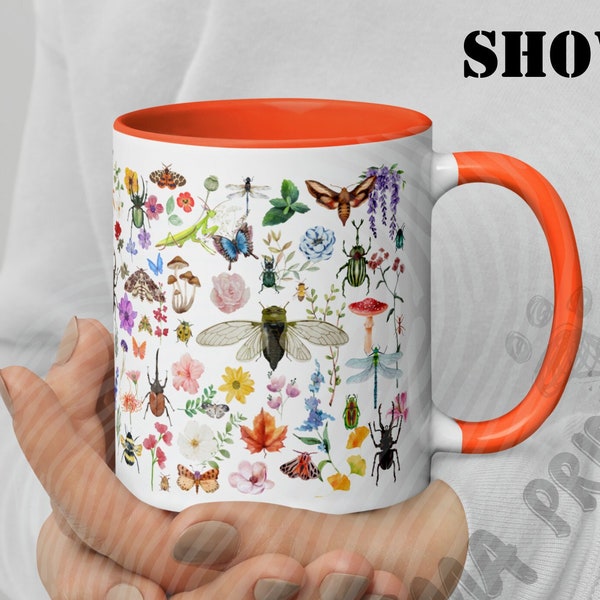 Cute as a Bug Ceramic Mug with Color Inside! Watercolor Insects, Beetles, Butterflies, Moths, & Flowers! An Entomologist Bug Lover's Gift!