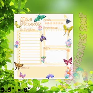 May include: A light yellow mini planner with a butterfly and mushroom theme. The planner has sections for dates, to-do lists, priorities, and notes. It measures 5.5 inches by 6 inches.