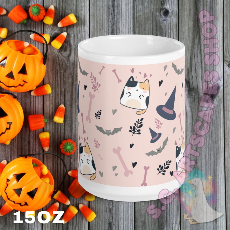 Halloween Cute Witch Cat White Ceramic Mug Great for Spiced Apple Cider