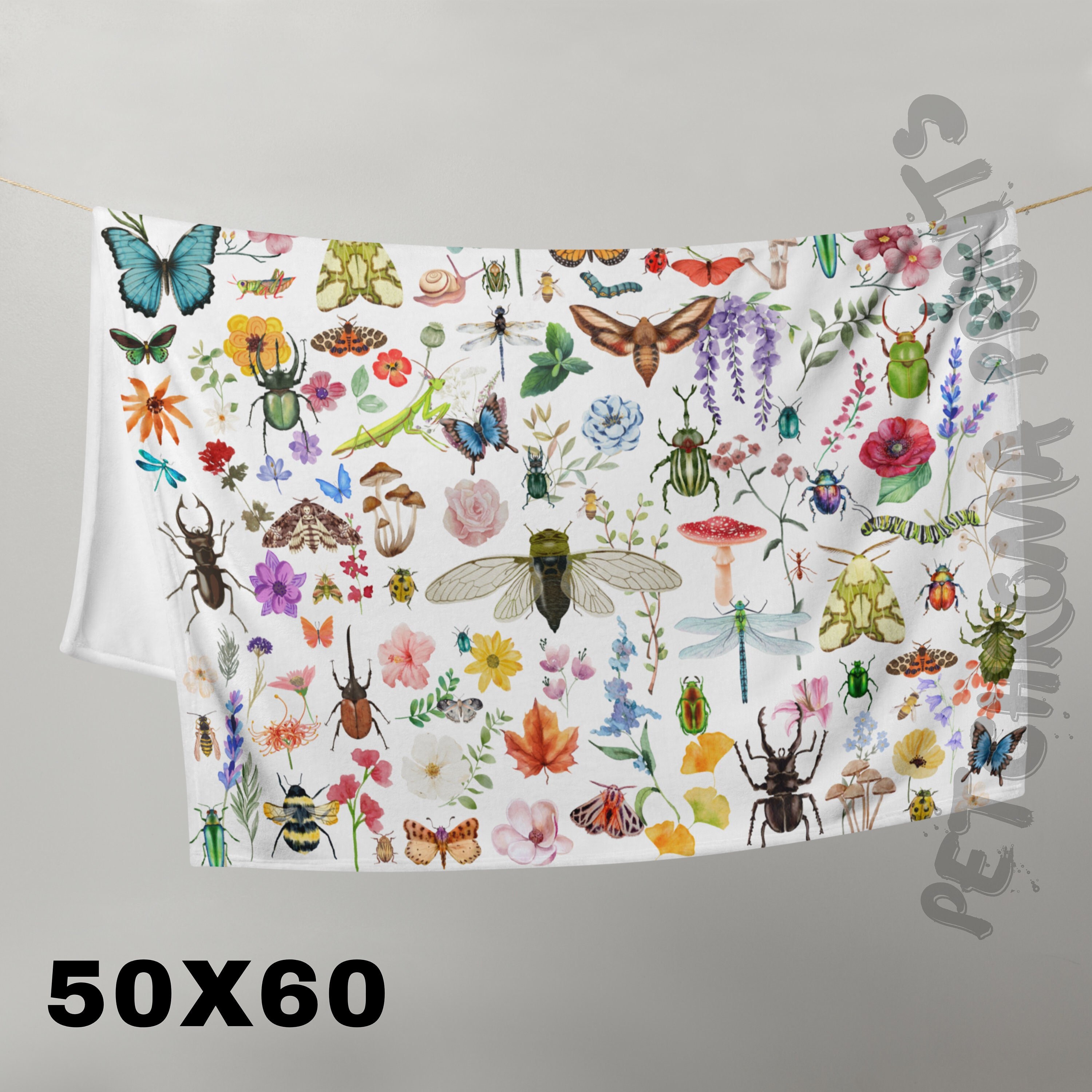 Cute as a Bug Throw Blanket 50x60! Watercolor Insects, Beetles, Butterflies, Moths, & Flowers! An Entomologist Bug Lover's Gift! So Soft!