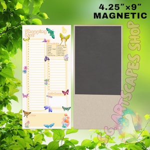 May include: A 4.25" x 9" magnetic shopping list notepad with a butterfly and floral design. The notepad has sections for groceries, self-care, and other items.