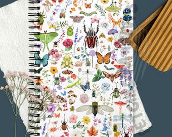 Cute as a Bug Spiral Notebook w/Dotted Pages! Watercolor Insects, Beetles, & Butterflies! An Entomologist Bug Lover's Gift! A writers gift!