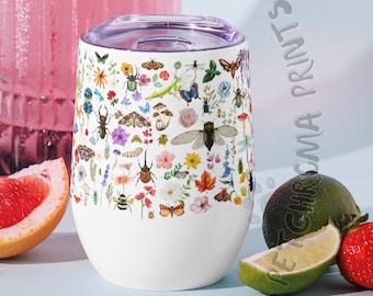 Cute as a Bug Metal Stemless Wine Tumbler 12oz! Watercolor Insects, Beetles, Butterflies, Moths, & Flowers! Entomologist Bug Lover's Gift!