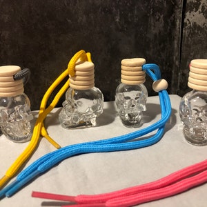 May include: Four glass skull-shaped bottles with wooden stoppers and colorful strings. The bottles are clear and have a skull design. The strings are yellow, blue, pink, and gray.