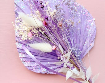 Lilac Glittery Palm Spear with Dried Flowers Bouquet Cake Topper, flowers for cake decoration