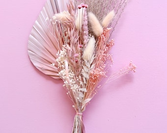 Blush Pink Ombré Palm Spear with Dried Flower Bouquet and Silk Flowers, Cake Topper ( THE BUBBLE PINK)