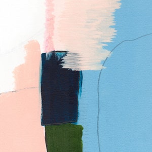 Op de afbeelding: Abstracte schilderij met roze, blauwe, groene en zwarte verf. Het schilderij heeft een geometrische vorm met een vierkant in het midden.