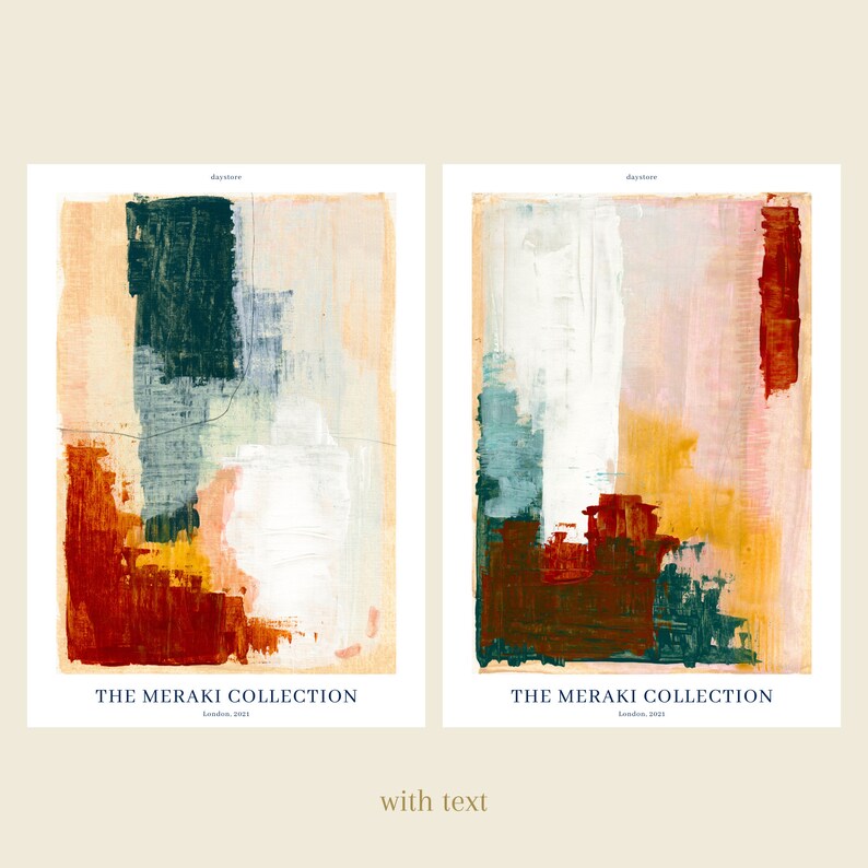 Op de afbeelding: Twee abstracte kunstprints met een kleurrijk, gelaagd en textuurrijk ontwerp. De prints bevatten een mix van rode, oranje, gele, groene, blauwe en witte verf. De tekst "THE MERAKI COLLECTION" is onderaan elke print gedrukt.