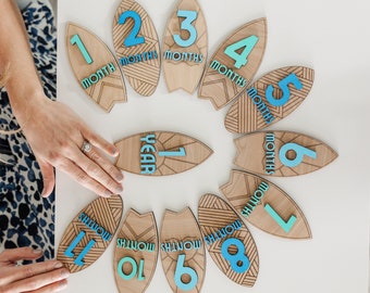 May include: A set of 12 wooden surfboard-shaped baby milestone markers. The markers are decorated with blue and green numbers and the words "months" and "year".