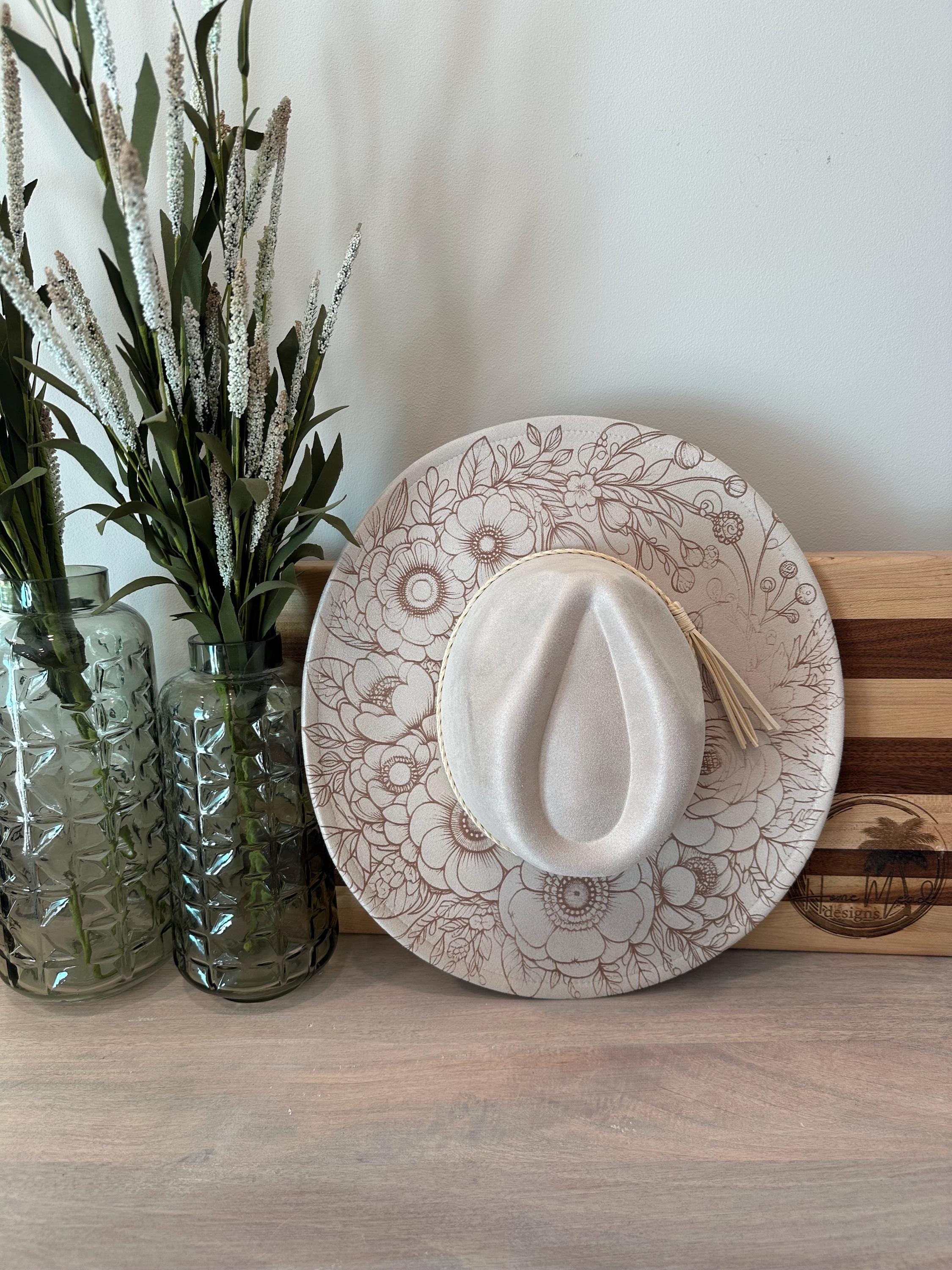 Boho Custom Wide-Brim Western Tooled & Embellished Custom Engraved Western Hat Custom Burned Western Hat | Cow Print, Flowers & Leaves - Etsy main image 4
