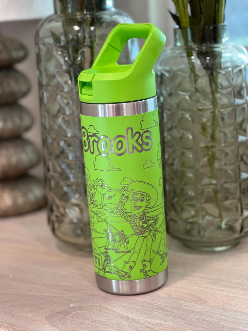 Cowboy & Space Ranger Kids Tumbler | Toy Inspired Cartoon Cup | Personalized Kids Rambler | Engraved Kids Water Bottle | Laser Engraved Kids image 1