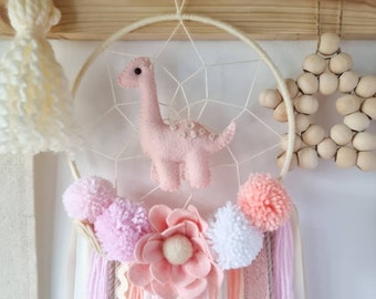 Pink dreamcatcher, Bedroom decor for girls, Dinosaur wall art, Dino nursery for girl, Birthday gifts, Dinosaur gifts for kids, Felt dinosaur