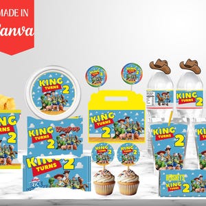 May include: A set of Toy Story themed party supplies featuring Woody, Buzz Lightyear, and other characters. The set includes a cake topper, cupcake wrappers, water bottle labels, favor bags, and a banner. The colors are red, yellow, blue, and green. The text on the items says "King Turns 2".