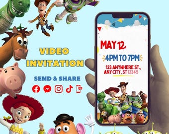 May include: A colorful video invitation featuring characters from the Toy Story movie franchise. The invitation includes the text "VIDEO INVITATION", "SEND & SHARE", and "MAY 12. 4PM TO 7PM 123 ANYWHERE ST., ANY CITY, ST 12345".
