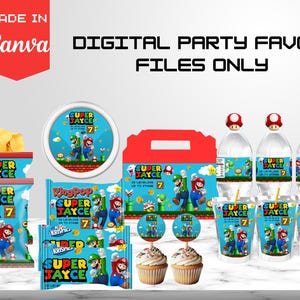 May include: Digital party favor files featuring a Super Mario theme. The image includes chip bags, Ring Pop boxes, a cake, water bottles, juice pouches, and a red lunch box. The text reads "Super Jayce 7".