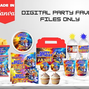 Sonic Party Favor Bundle, Tylko pliki cyfrowe, Pakiet upominków na przyjęcie urodzinowe, Paczka chipsów, Butelka na wodę, Etykieta na sok, Talerz, Ozdoby, CANVA