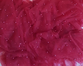 Red tulle fabric. Pearl tulle fabric. Pearl embellished tulle. Deep red soft tulle fabric. 60 inch wide, Beaded tulle