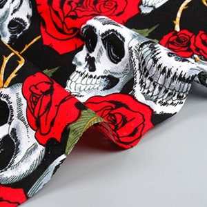 Skull and roses fabric, rose fabric,  Red roses fabric, craft dress fabric, Rose&#39;s and skulls