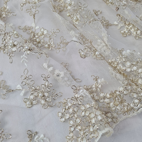 Ivory embroidered tulle, gold pearl fabric, 44" wide, bridal wear, wedding lace, premium material, party bridesmaid dress, tutu skirt