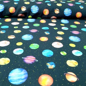 Planet fabric, science fabric, 58&quot; wide fabric, black coloured planet fabric, multi coloured, dress craft fabric