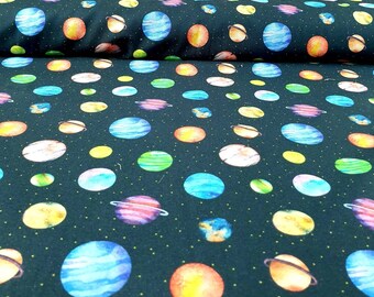 Planet fabric, science fabric, 58" wide fabric, black coloured planet fabric, multi coloured, dress craft fabric