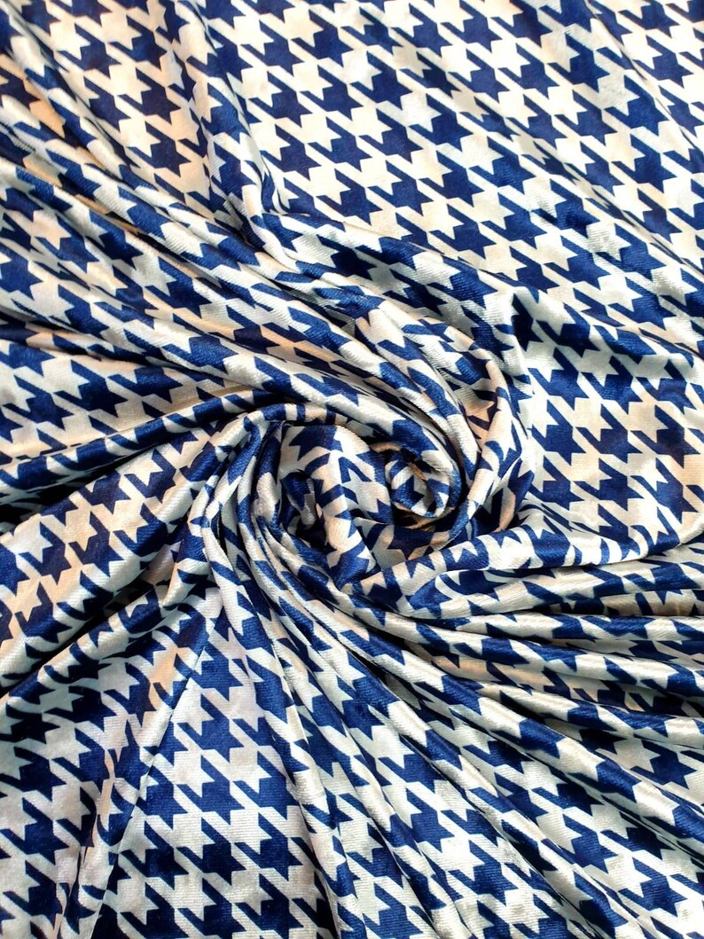 60 wide 2 way stretch houndstooth print Premium crushed printed velvet suitable for upholstery crafts dress navy colour