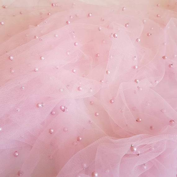 Pink Tulle Fabric. Pearl Tulle Net Fabric. Bridal Tulle, Pearl Embellished  Tulle. Baby Pink Soft Tulle Fabric. 60 Inch Wide, Beaded Tulle 