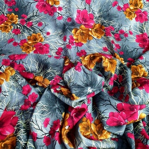 Viscose Fabric floral print, grey pink dress craft fabric 55&quot; By the meter