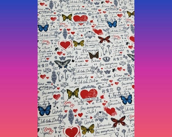 Love theme fabric, butterfly love hearts material, craft fabric, dress fabric, 44" wide, 100% cotton fabric