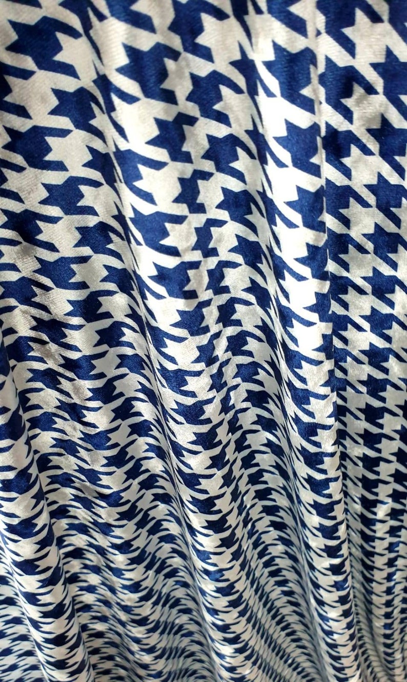 60 wide 2 way stretch houndstooth print Premium crushed printed velvet suitable for upholstery crafts dress navy colour
