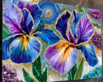 Iris Crystal AcrylGlass Wall Art, Blue Purple Floral Geode Artwork, Gold Accents Flower Decor