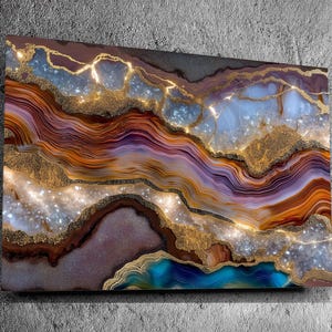 May include: A rectangular wall art piece featuring an abstract agate stone pattern with layered bands of brown, purple, and blue. The design includes shimmering gold veins and textured, crystalline white sections that create a multi-dimensional effect.