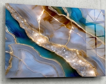 May include: A rectangular wall art piece featuring a high-gloss finish with an abstract agate stone pattern. The design displays swirling layers of deep teal, soft blue, and warm amber tones, accented by shimmering gold veins and crystalline textures.