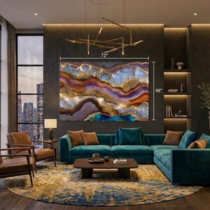 May include: A large rectangular wall art piece measuring 72 inches by 48 inches, featuring an abstract agate-inspired design with swirling layers of blue, purple, gold, and brown tones, accented with sparkling crystalline textures throughout.