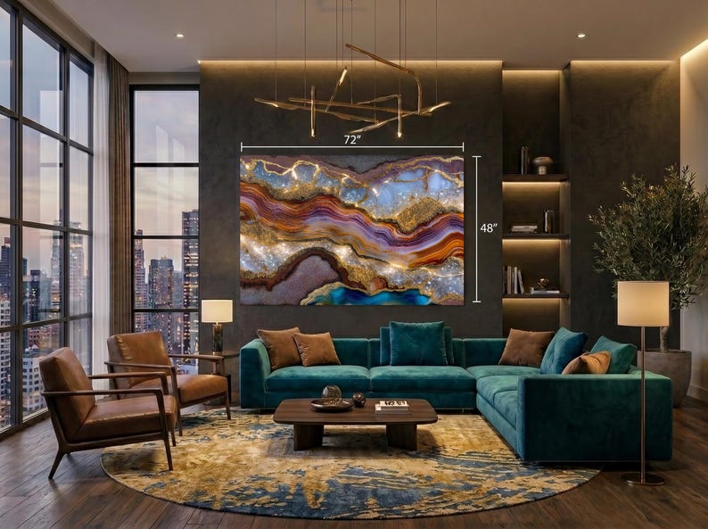 May include: A large rectangular wall art piece measuring 72 inches by 48 inches, featuring an abstract agate-inspired design with swirling layers of blue, purple, gold, and brown tones, accented with sparkling crystalline textures throughout.