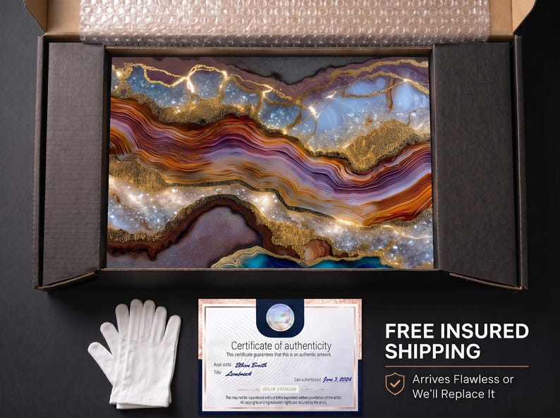 May include: A rectangular wall art piece featuring a swirling agate-inspired design with layers of deep purple, burnt orange, and blue, accented by shimmering gold veins and crystalline textures, presented in a black shipping box with a certificate.