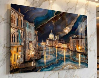 Arte mural de ágata del Gran Canal de Venecia, paisaje urbano de cristal, decoración veneciana, pieza de oro fluido