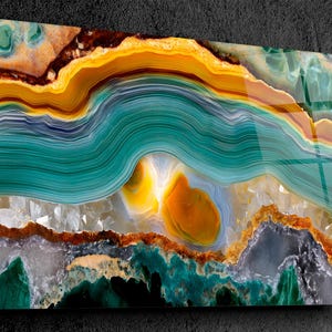 Emerald Flame Agate - Premium Crystal AcrylGlass Wall Art | Green Gold Geode Wall Art with 3D feeling | Modern Luxury Home Décor