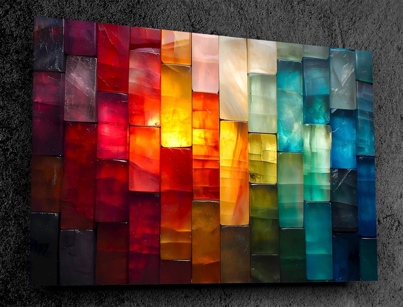 May include: An abstract artwork featuring a gradient of colours arranged in rectangular blocks. The piece transitions from deep reds and purples to oranges, yellows, greens, blues, and dark blues and blacks. The blocks have a glossy, textured appearance, creating a striking visual effect.