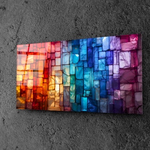 Panoramic Wall Art "Luminopolis" - Colorful Glass Block Mosaic, Dynamic Cityscape Sunset, Vibrant Panoramic Decor, Oversized Wall Art