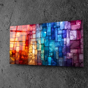 Panoramic Wall Art "Luminopolis" - Colorful Glass Block Mosaic, Dynamic Cityscape Sunset, Vibrant Panoramic Decor, Oversized Wall Art