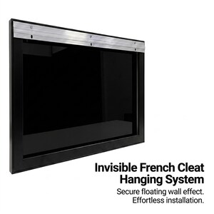 May include: A rectangular black frame with a glossy black center panel, featuring a metallic silver French cleat hanging system attached to the top edge. The text reads: Invisible French Cleat Hanging System. Secure floating wall effect. Effortless installation.