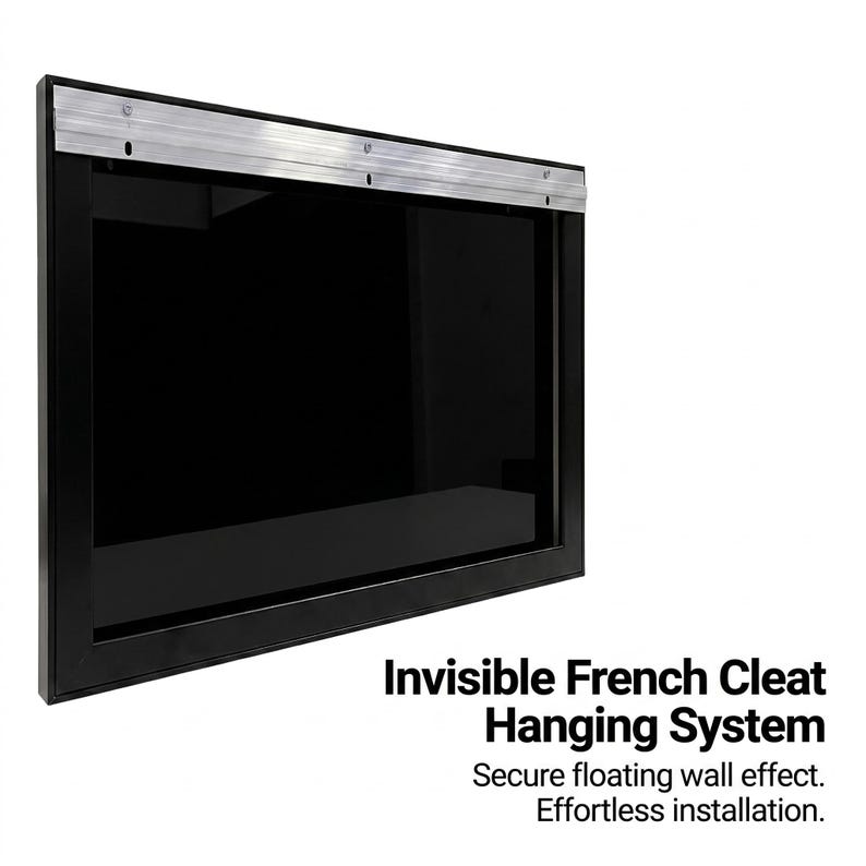 May include: A rectangular black frame with a glossy black center panel, featuring a metallic silver French cleat hanging system attached to the top edge. The text reads: Invisible French Cleat Hanging System. Secure floating wall effect. Effortless installation.