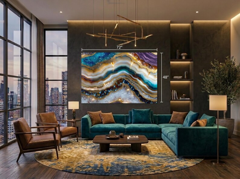 K&ouml;nnte beinhalten: Ein gro&szlig;es rechteckiges Wandbild mit einem abstrakten, von Achat inspirierten Design mit wirbelnden Schichten in Dunkelblau, Petrol, Violett, Wei&szlig; und Goldt&ouml;nen. Das Kunstwerk misst 183 cm in der Breite und 122 cm in der H&ouml;he.