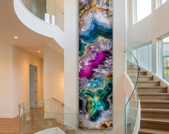 Cuadro decorativo de cristal acrílico Golden Rift: panel panorámico de lujo con geoda esmeralda.